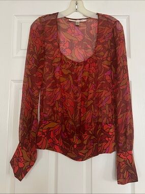 Diane Von Furstenberg Red, Pink and Brown Floral Sheer Scoopneck Blouse 100%Silk